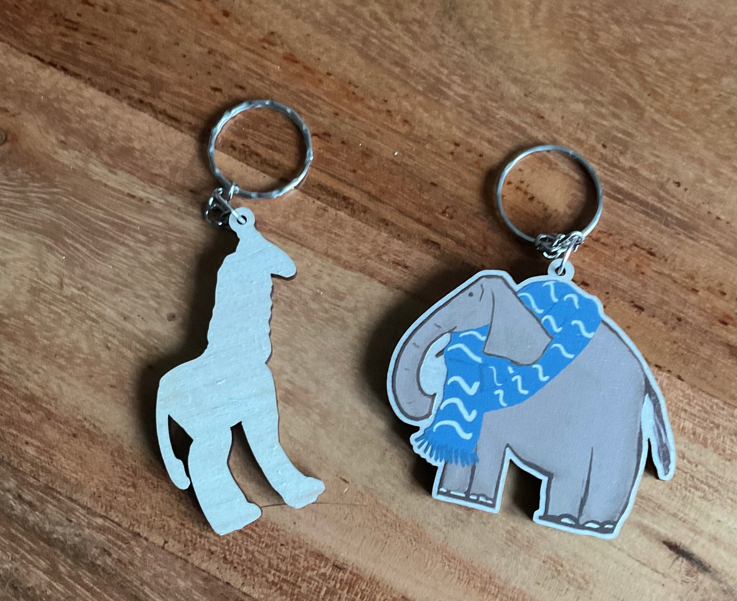 Adorable Elephant and Giraffe eco friendly wooden Keyrings as a gift or stocking filler