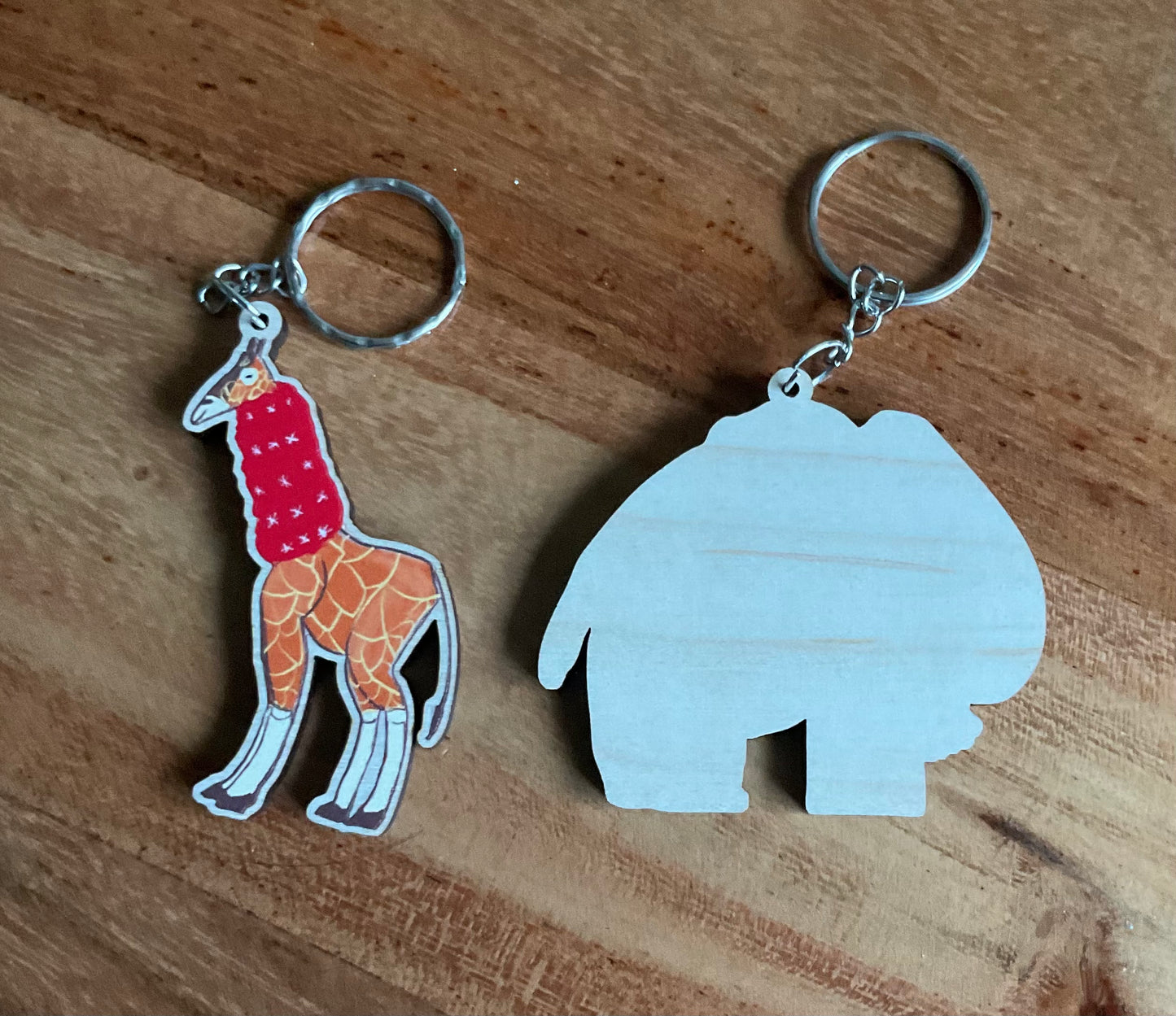 Adorable Elephant and Giraffe eco friendly wooden Keyrings as a gift or stocking filler
