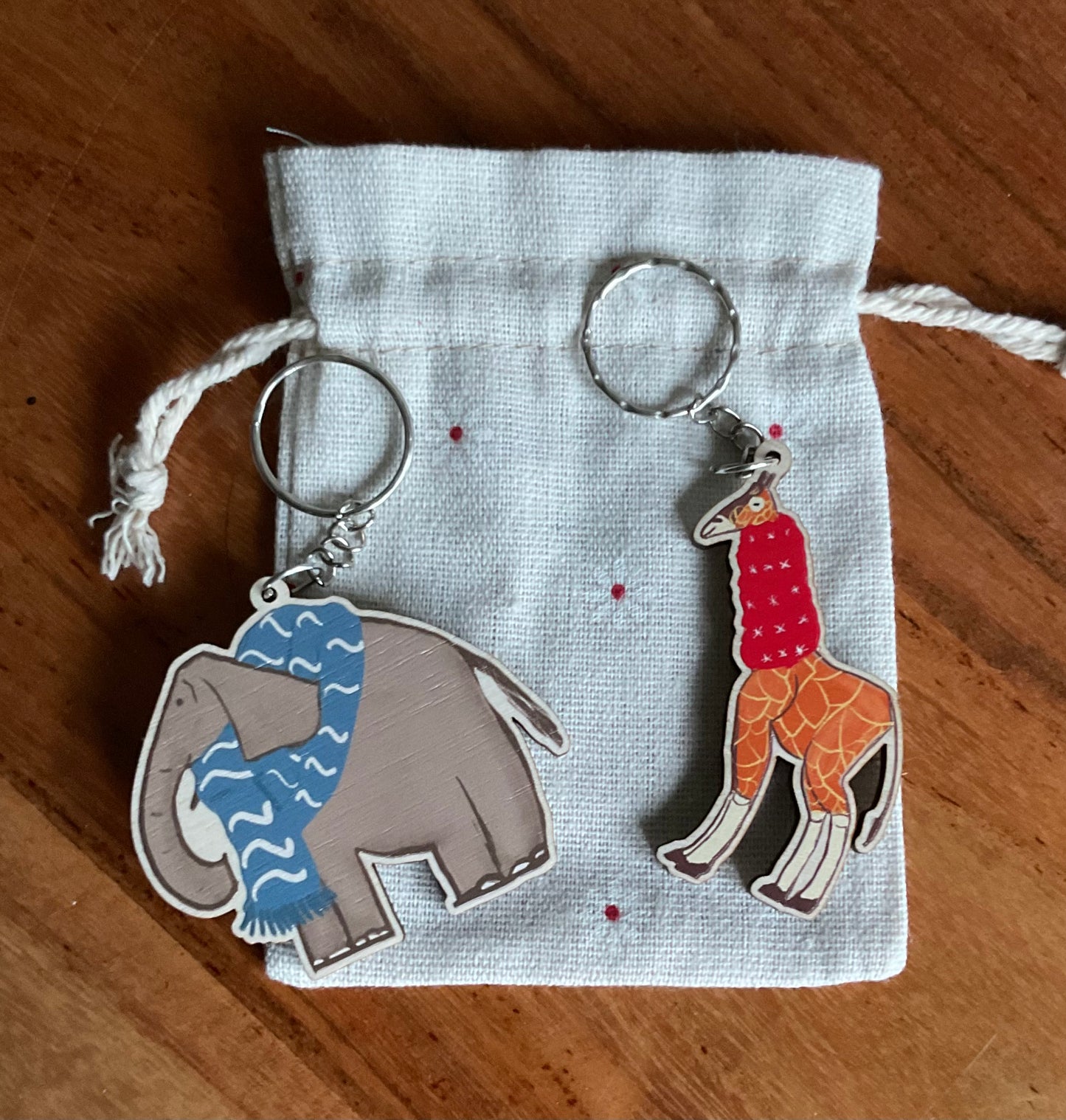 Adorable Elephant and Giraffe eco friendly wooden Keyrings as a gift or stocking filler