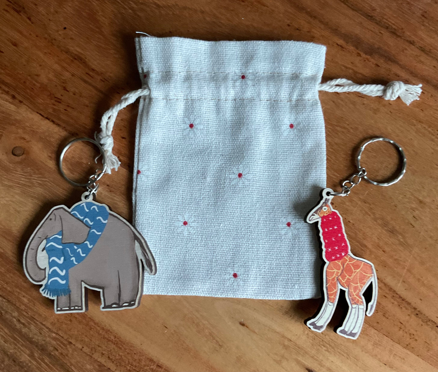 Adorable Elephant and Giraffe eco friendly wooden Keyrings as a gift or stocking filler