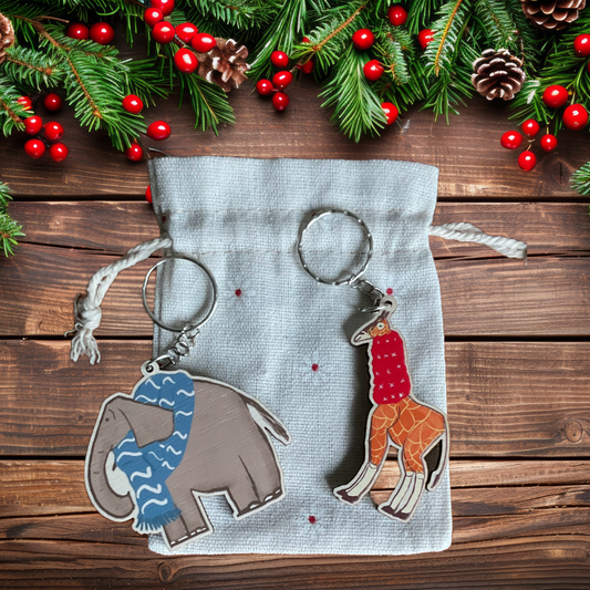 Adorable Elephant and Giraffe eco friendly wooden Keyrings as a gift or stocking filler