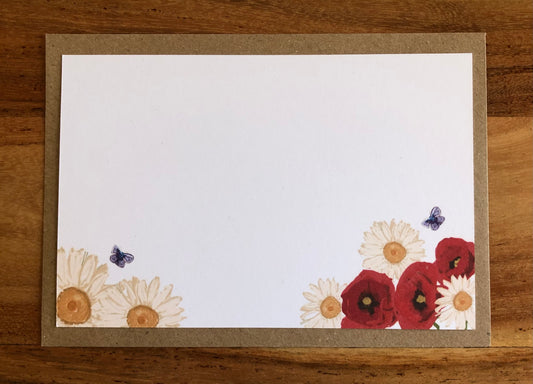 Detailed view of hand-drawn British wildflowers on sustainable notecard