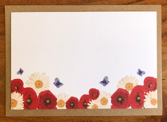 Detailed view of hand-drawn Poppy & Daisy British wildflowers on sustainable notecard