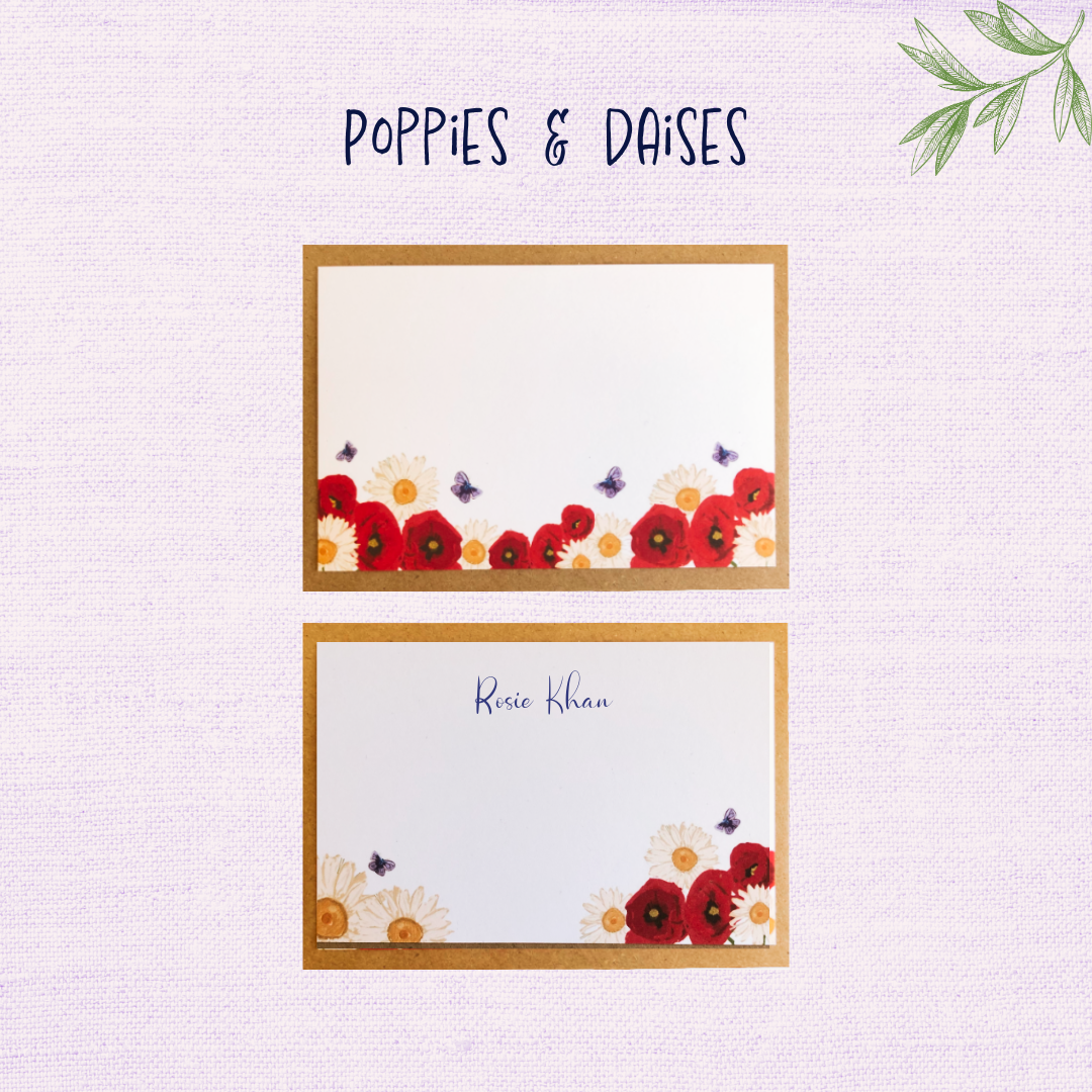 350gsm back and front view of the sustainable notecard poppy & daisy