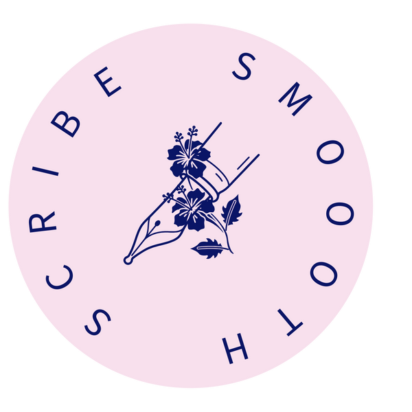 Logo| a fountain pen nib with wild flowers on a pink circular background