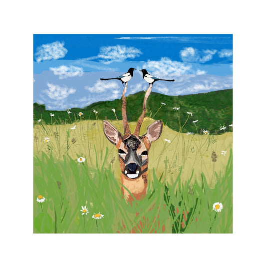 British Roe Dear and Magpies Greeting Card