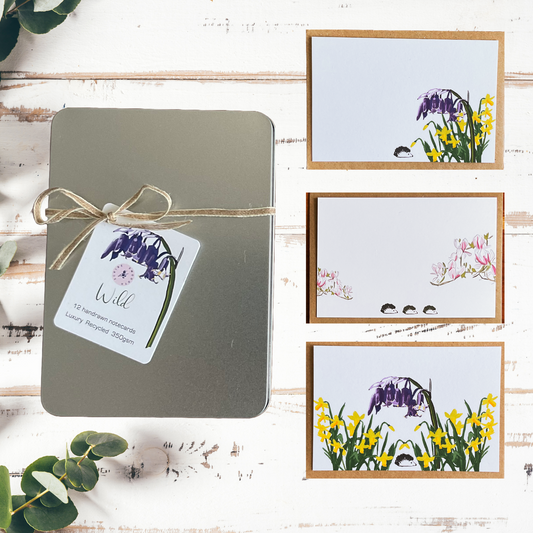 Hand-drawn wild notecards collection displayed in natural light on wooden surface, showing 350gsm recycled cardstock quality