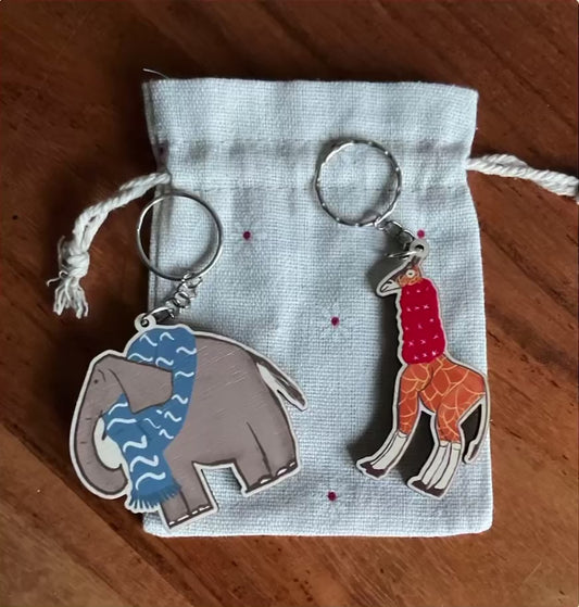 Adorable Elephant and Giraffe eco friendly wooden Keyrings as a gift or stocking filler