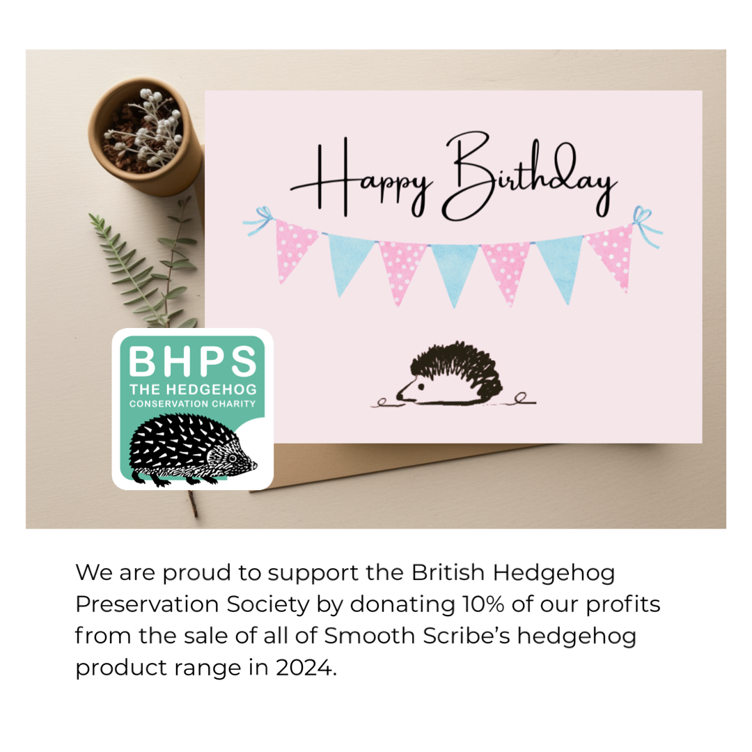 Smooth scribe: a hedgehog birthday card with a pink background, the words happy birthday across the top, bunting and a hedgehog drawn in black ink.