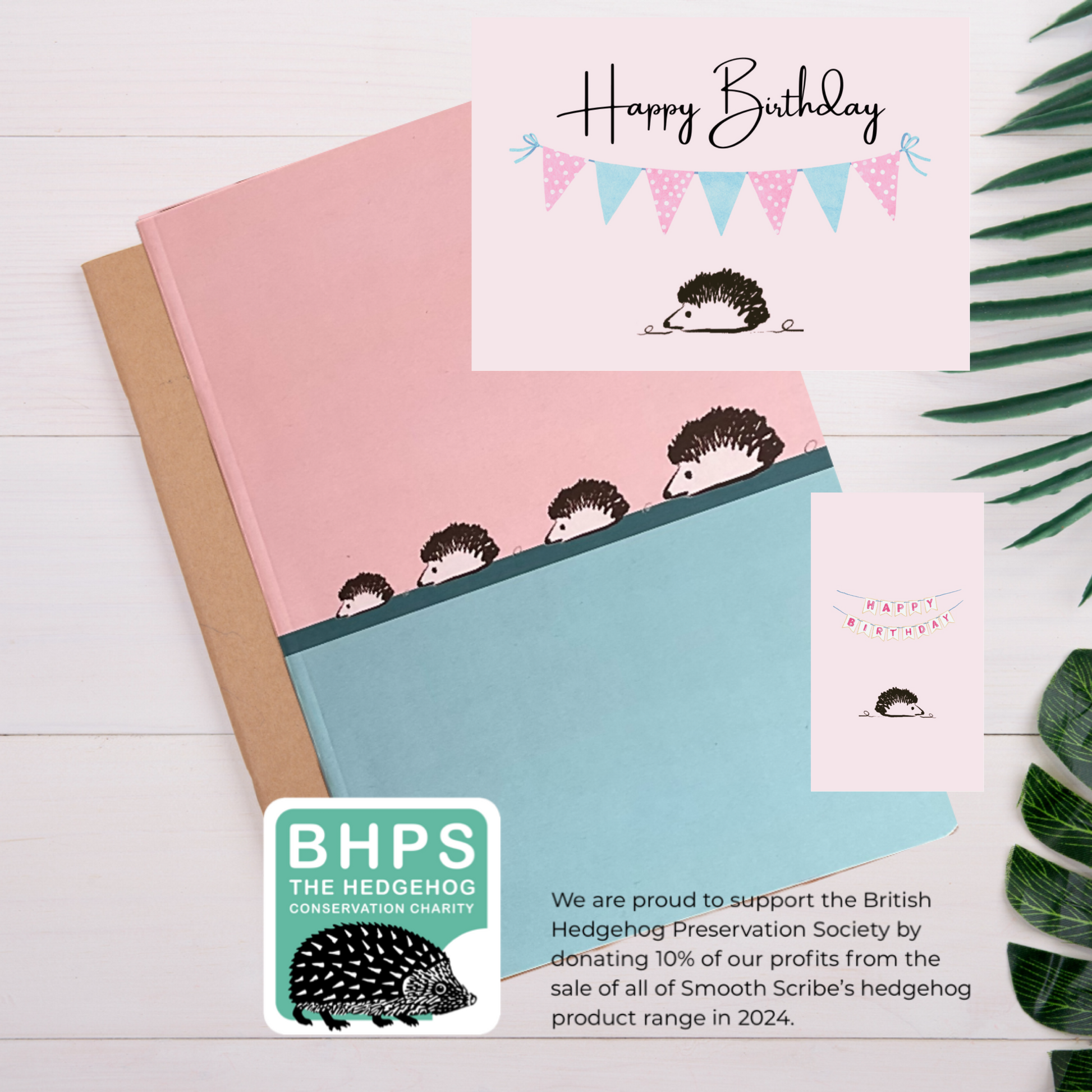 Smoothscribe: a birthday bundle consisting of a hedgehog notebook, a hedgehog birthday card and gift tag in pink.