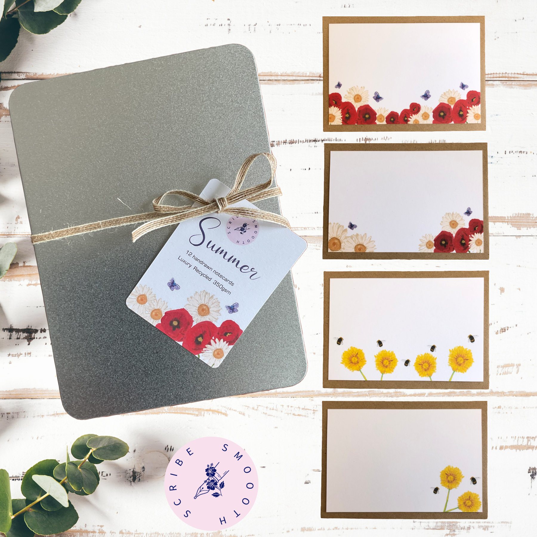 Eco-friendly luxury notecard set featuring hand-drawn poppies, daisies and dandelions on 350gsm recycled cardstock