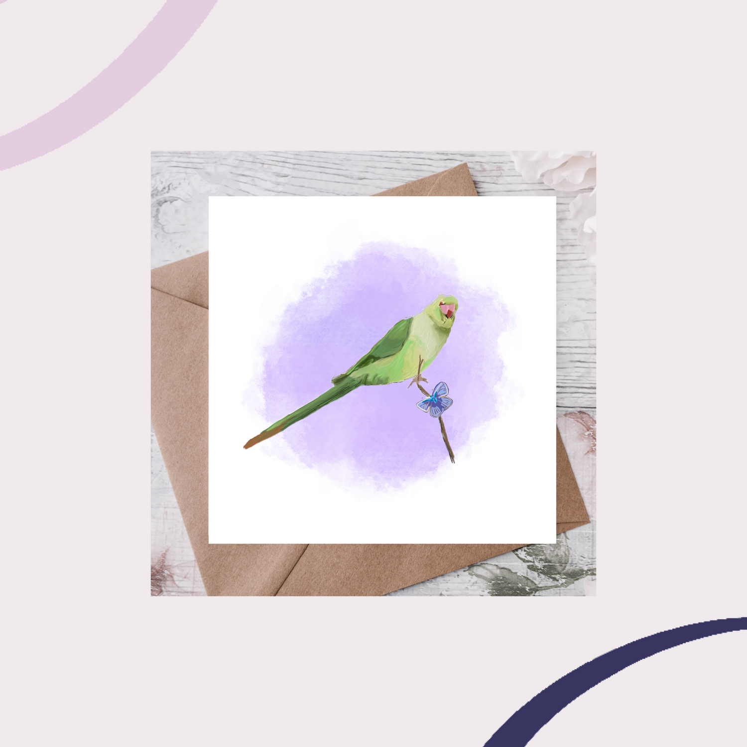 A green parakeet greeting card mounted on white card with a purple background and a blue butterfly