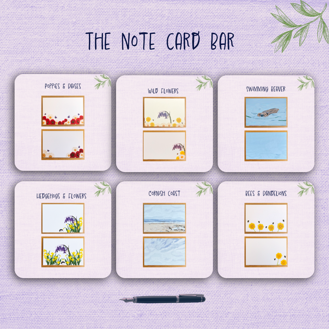 6 eco-friendly not card designs| poppies and Daises, Bluebells and daffodils, Beaver swimming, hedgehogs, the sea and dandelions and bees