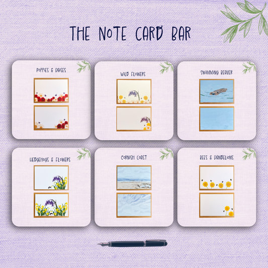6 eco-friendly not card designs| poppies and Daises, Bluebells and daffodils, Beaver swimming, hedgehogs, the sea and dandelions and bees