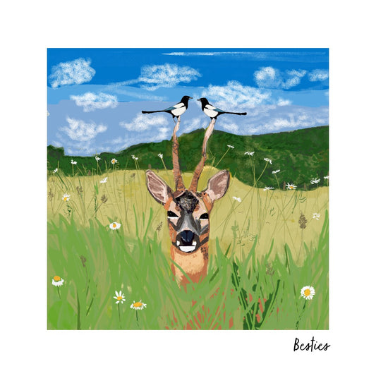 British Roe Dear and Magpies Greeting Card