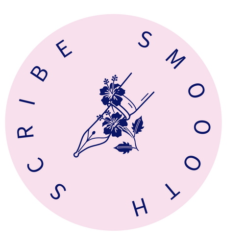 Logo| a fountain pen nib with wild flowers on a pink circular background